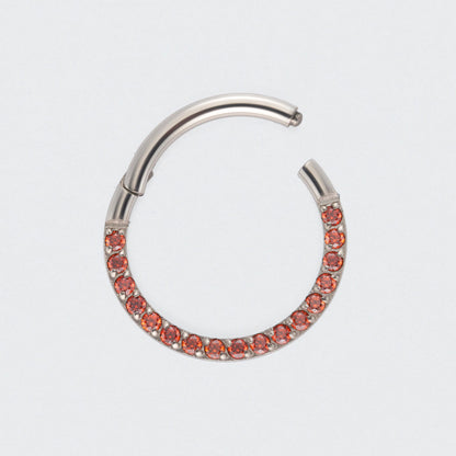 Red CZ Front Facing Hinged Segment Clicker Ring in Silver - Titanium