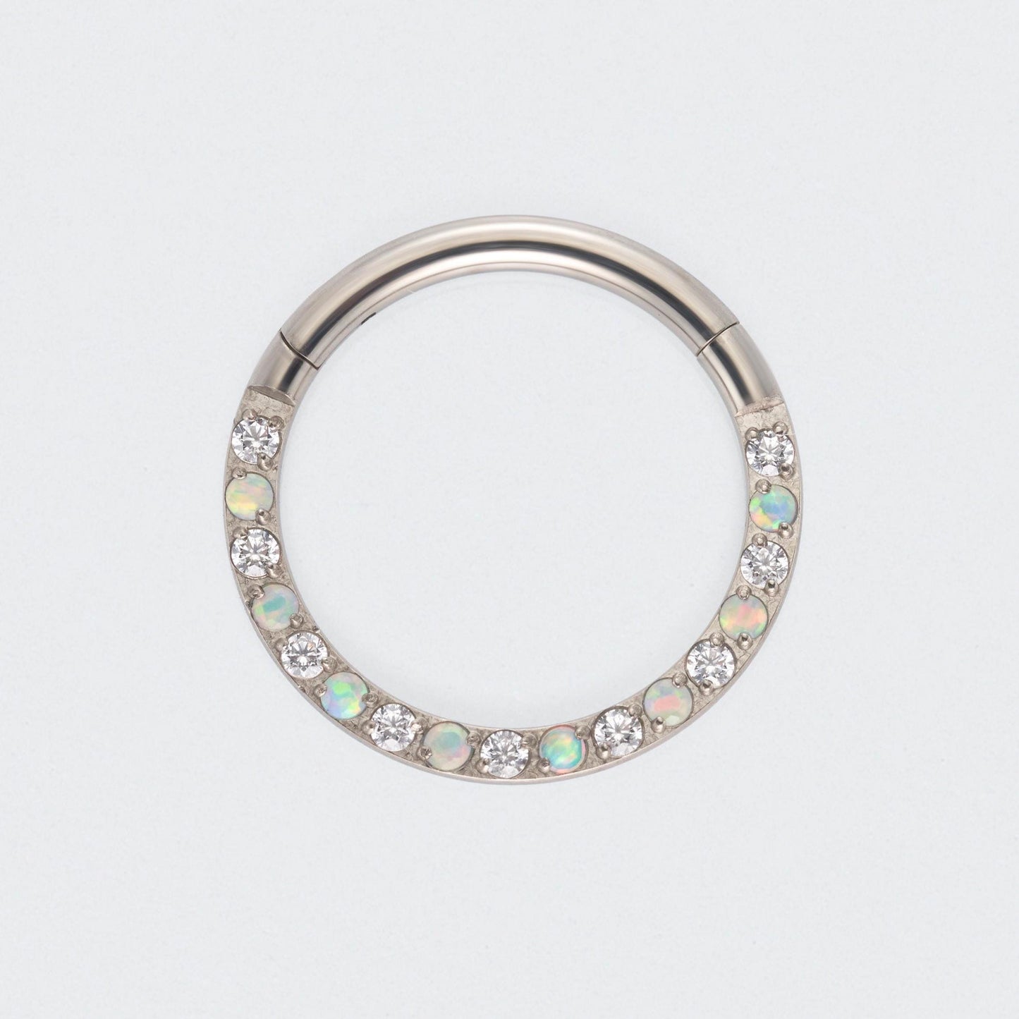 White Opal & Clear CZ Front Facing Hinged Segment Clicker Ring in Silver - Titanium
