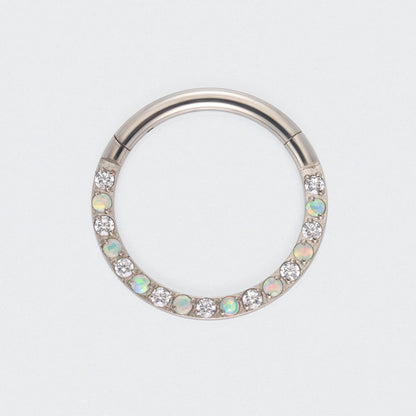White Opal & Clear CZ Front Facing Hinged Segment Clicker Ring in Silver - Titanium