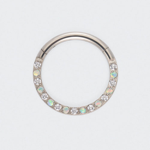 White Opal & Clear CZ Front Facing Hinged Segment Clicker Ring in Silver - Titanium