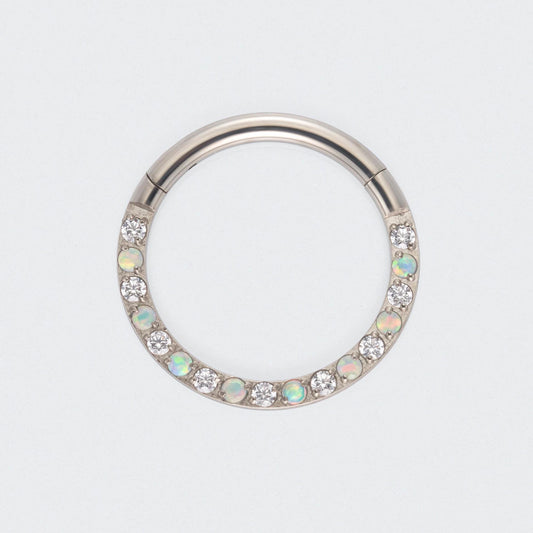 White Opal & Clear CZ Front Facing Hinged Segment Clicker Ring in Silver - Titanium