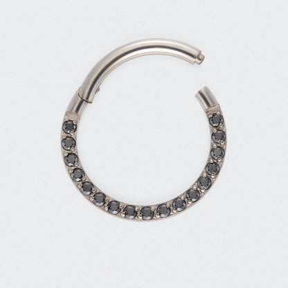 Black CZ Front Facing Hinged Segment Clicker Ring in Silver - Titanium