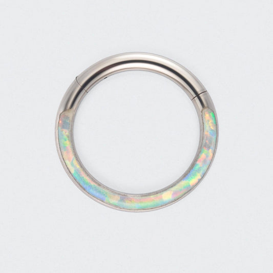 White Opal Front Facing Hinged Segment Clicker Ring - Titanium