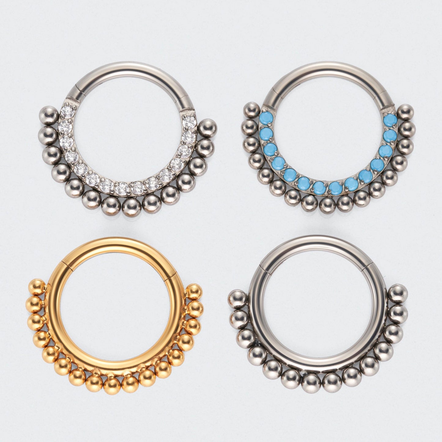 Turquoise Ball Cluster Hinged Segment Hoop Ring in Silver - Titanium