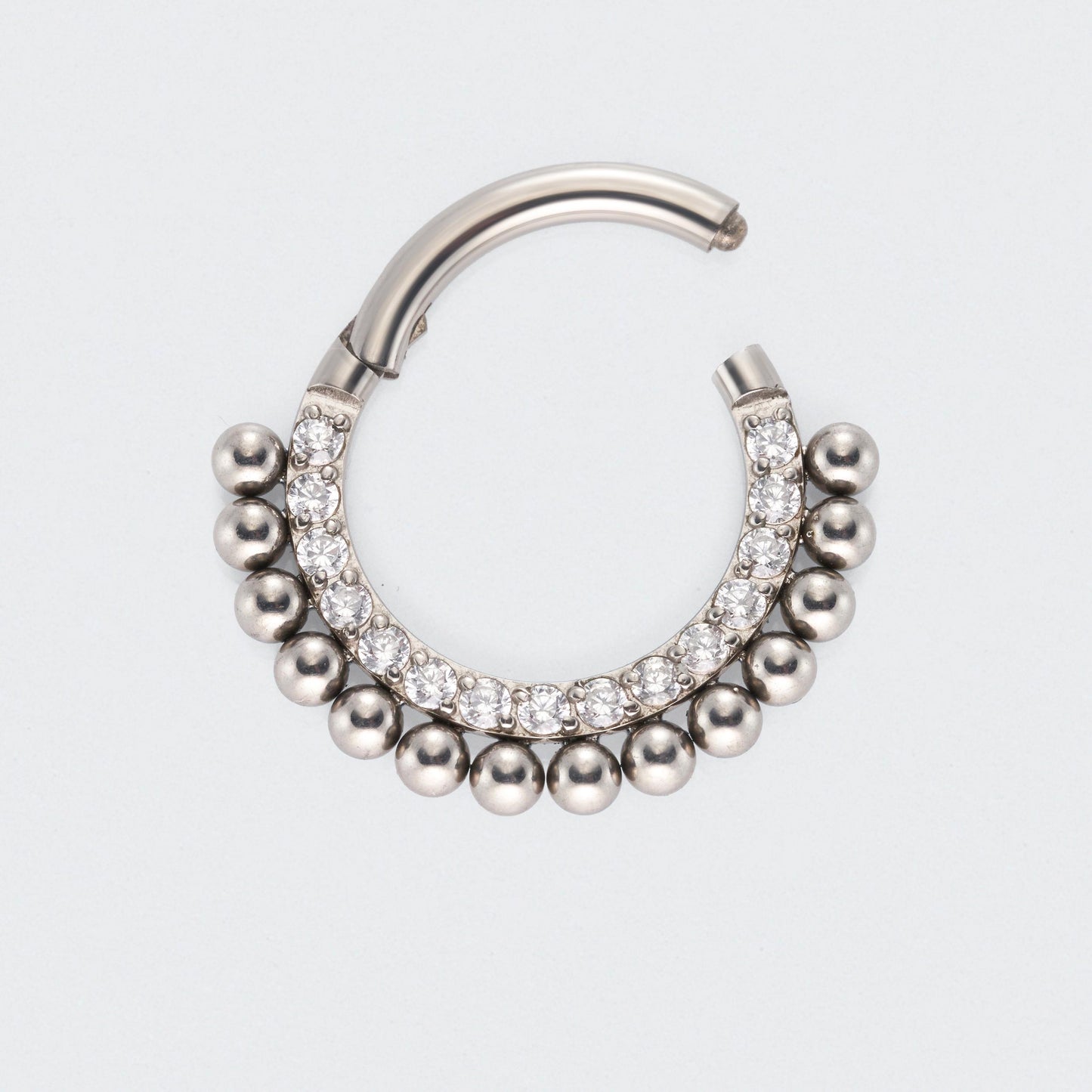 Ball Cluster with CZ Front Facing Hinged Segment Hoop Ring in Silver - Titanium