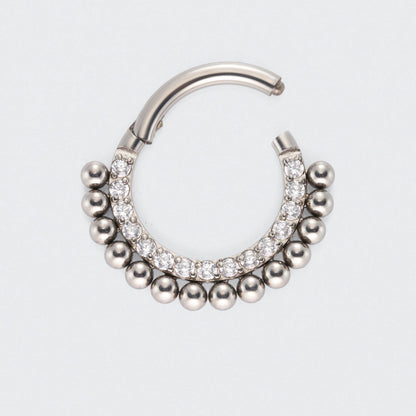 Ball Cluster with CZ Front Facing Hinged Segment Hoop Ring in Silver - Titanium