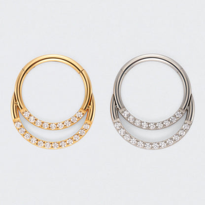 Double Hooped with Front Facing CZ Hinged Segment Ring in Silver - Titanium