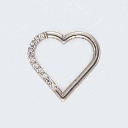 Heart Shaped with Left Facing CZ Segment Clicker Ring in Silver - Titanium