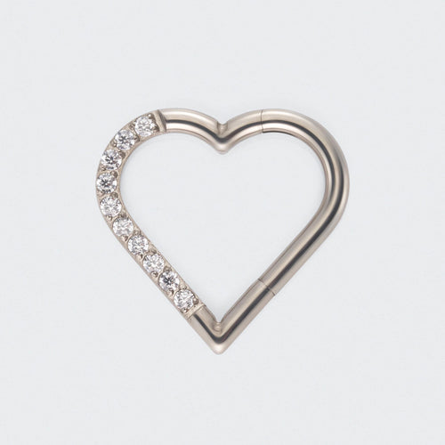 Heart Shaped with Left Facing CZ Segment Clicker Ring in Silver - Titanium