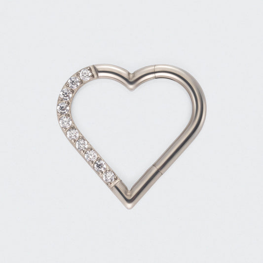 Heart Shaped with Left Facing CZ Segment Clicker Ring in Silver - Titanium
