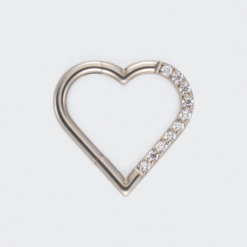 Heart Shaped with Right Facing CZ Segment Clicker Ring in Silver - Titanium