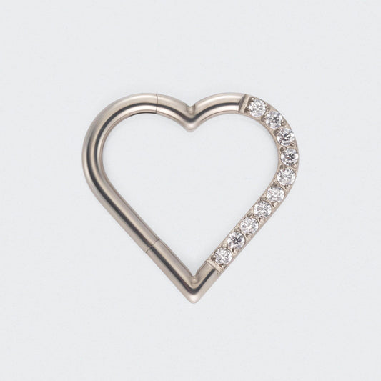Heart Shaped with Right Facing CZ Segment Clicker Ring in Silver - Titanium