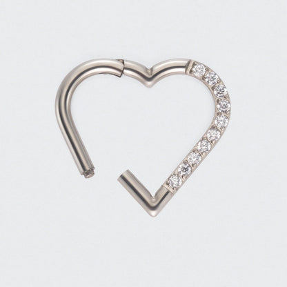 Heart Shaped with Right Facing CZ Segment Clicker Ring in Silver - Titanium