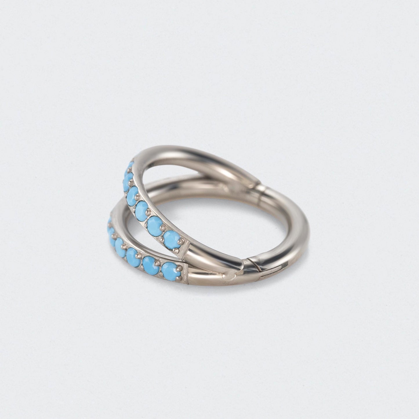 Double Stacked with Front Facing Turquoise Hinged Septum Ring in Silver - Titanium