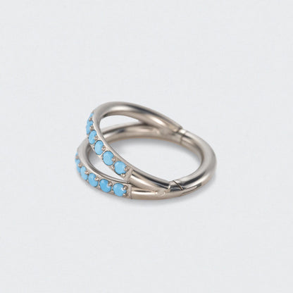 Double Stacked with Front Facing Turquoise Hinged Septum Ring in Silver - Titanium
