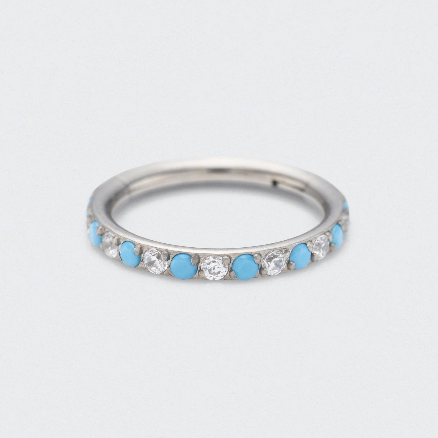Turquoise & CZ Paved Side Facing Hinged Segment Clicker Ring in Silver - Titanium