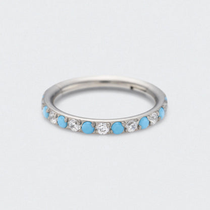 Turquoise & CZ Paved Side Facing Hinged Segment Clicker Ring in Silver - Titanium