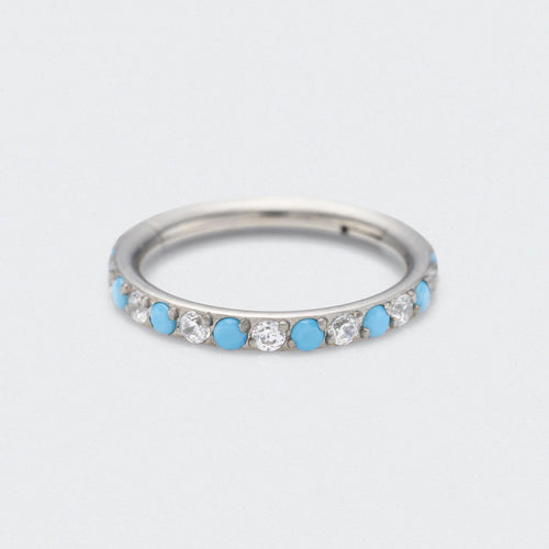 Turquoise & CZ Paved Side Facing Hinged Segment Clicker Ring in Silver - Titanium