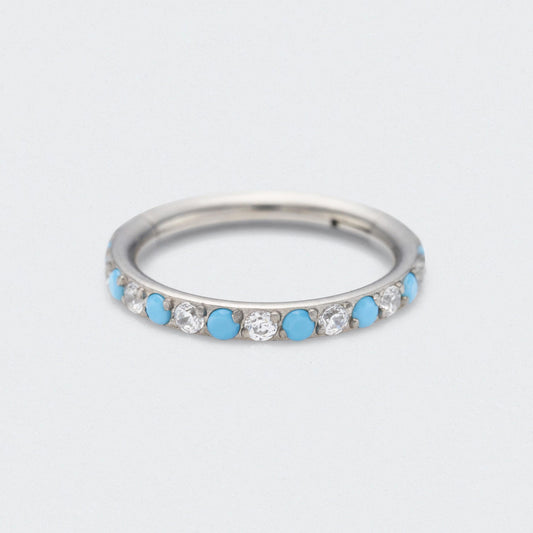 Turquoise & CZ Paved Side Facing Hinged Segment Clicker Ring in Silver - Titanium