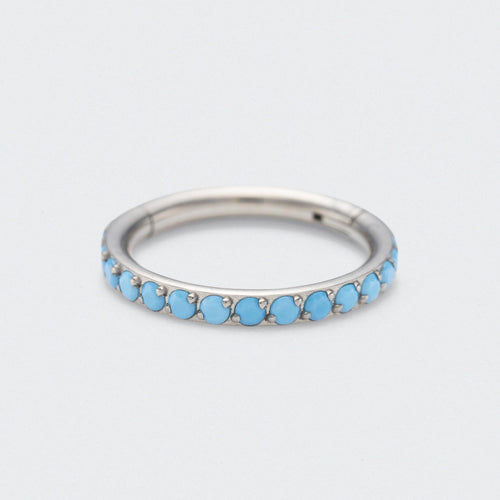 Turquoise Paved Side Facing Hinged Segment Clicker Ring in Silver - Titanium