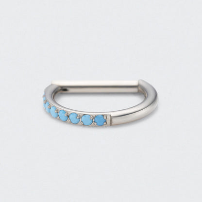 D Shape Half Side Turquoise Paved Hinged Segment Clicker Ring in Silver - Titanium