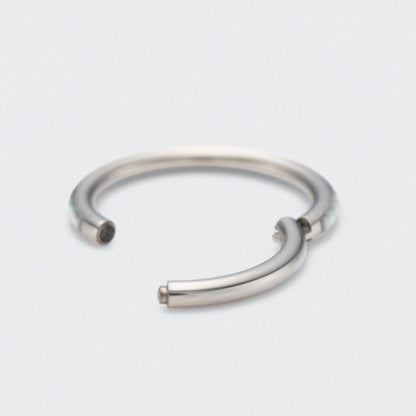 White Opal Side Facing Segment Hinged Clicker Ring in Silver - Titanium