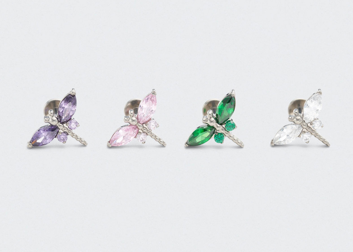 Dragonfly Pink CZ Front Facing Labret in Silver - Titanium
