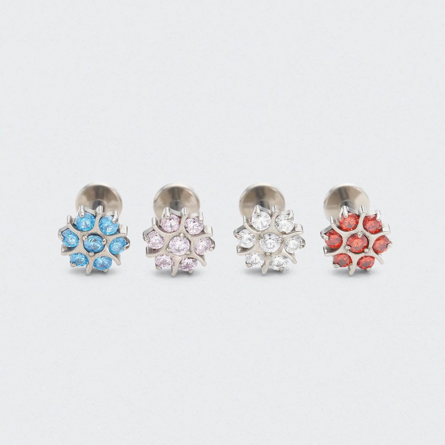 Flower Aqua Blue CZ Front Facing Labret in Silver - Titanium