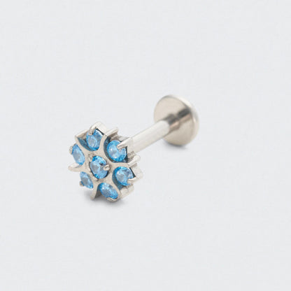 Flower Aqua Blue CZ Front Facing Labret in Silver - Titanium