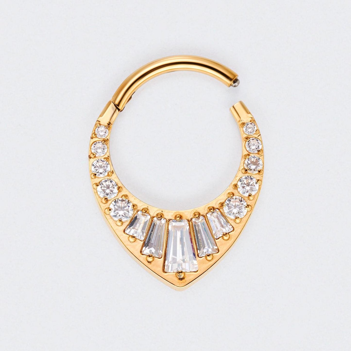 Teardrop CZ and Round CZ Paved Face Segment Ring in Gold - Titanium