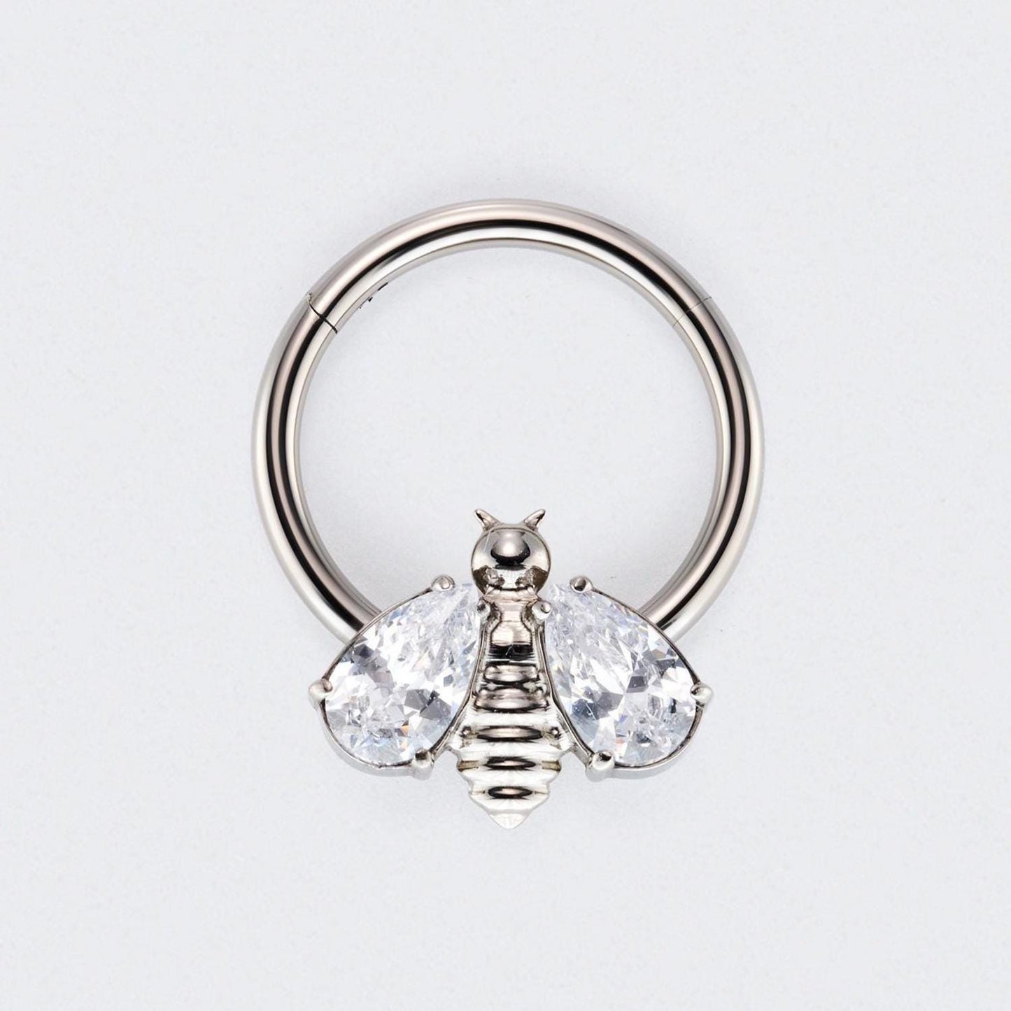 Bee Clear CZ Stone Wings Top Hinged Segment Hoop Clicker Ring in Silver - Titanium