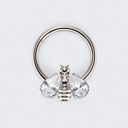 Bee Clear CZ Stone Wings Top Hinged Segment Hoop Clicker Ring in Silver - Titanium