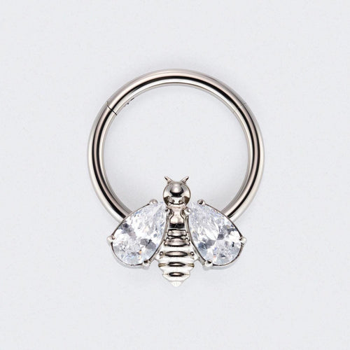 Bee Clear CZ Stone Wings Top Hinged Segment Hoop Clicker Ring in Silver - Titanium