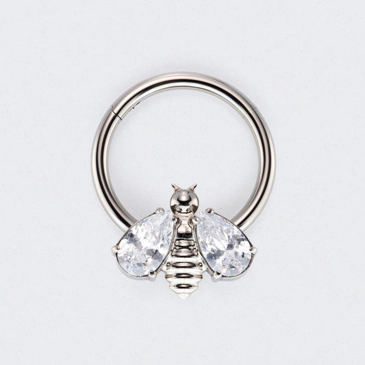 Bee Clear CZ Stone Wings Top Hinged Segment Hoop Clicker Ring in Silver - Titanium