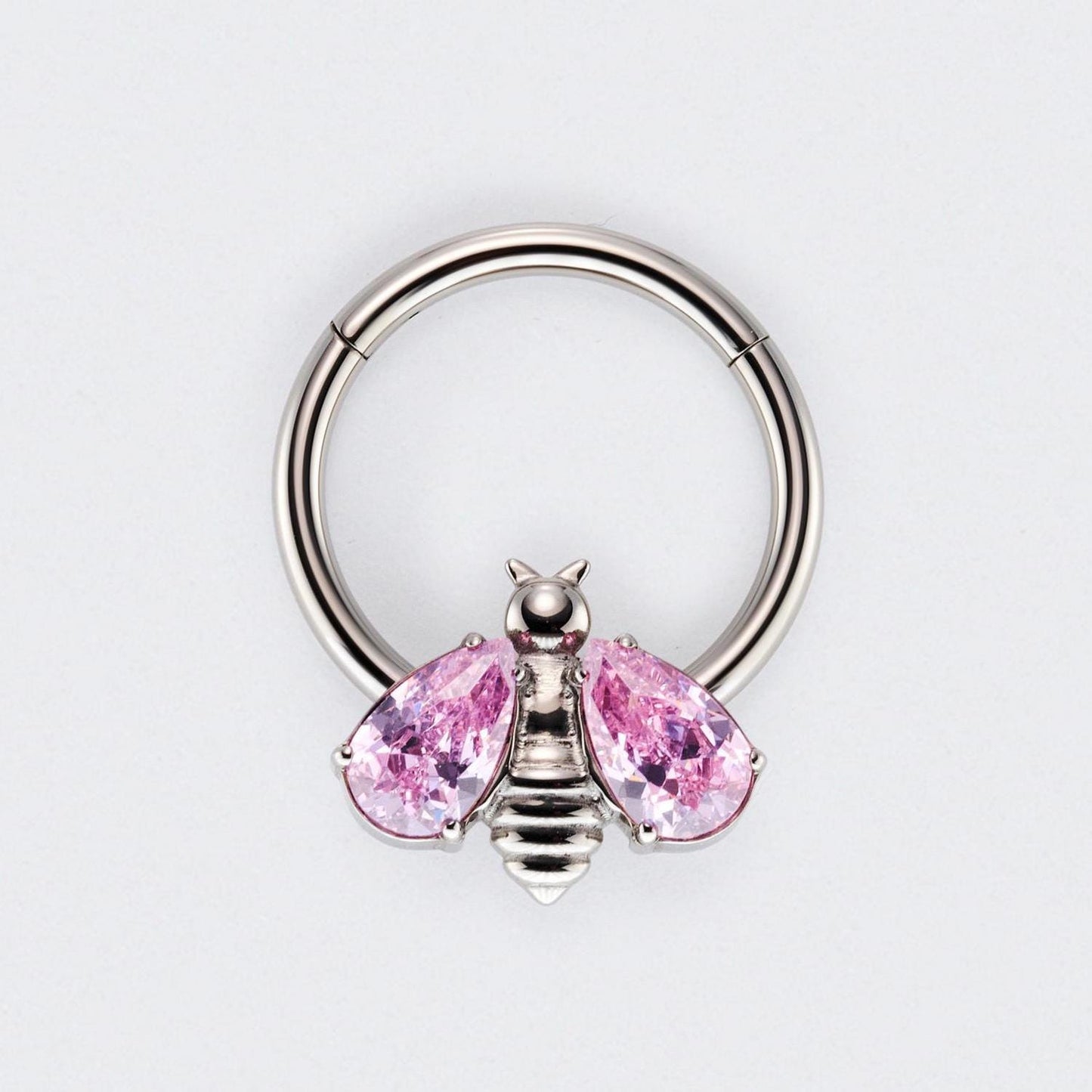 Bee Pink CZ Stone Wings Top Hinged Segment Hoop Clicker Ring in Silver - Titanium