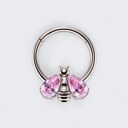 Bee Pink CZ Stone Wings Top Hinged Segment Hoop Clicker Ring in Silver - Titanium
