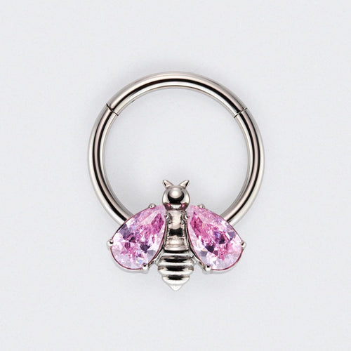 Bee Pink CZ Stone Wings Top Hinged Segment Hoop Clicker Ring in Silver - Titanium