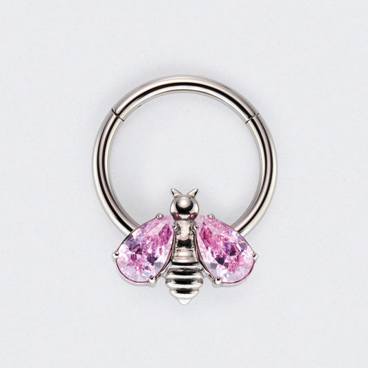 Bee Pink CZ Stone Wings Top Hinged Segment Hoop Clicker Ring in Silver - Titanium