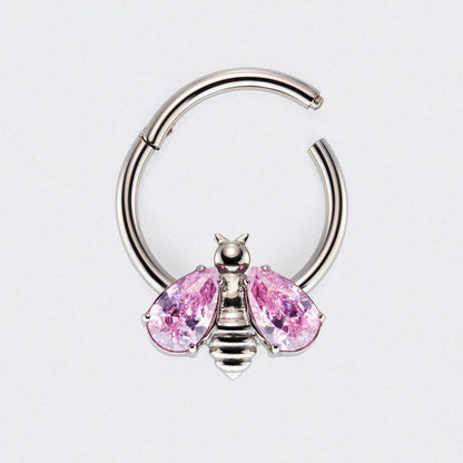 Bee Pink CZ Stone Wings Top Hinged Segment Hoop Clicker Ring in Silver - Titanium