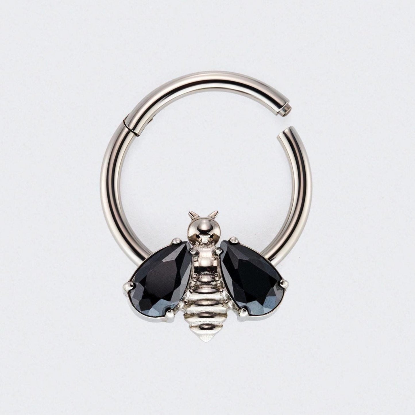 Bee Black CZ Stone Wings Top Hinged Segment Hoop Clicker Ring in Silver - Titanium