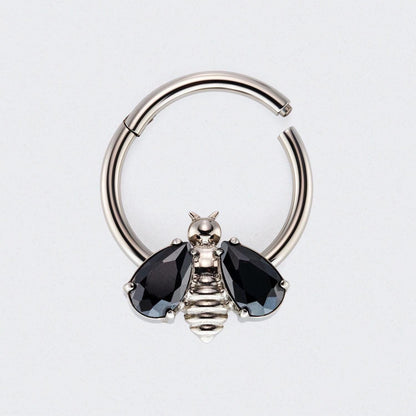 Bee Black CZ Stone Wings Top Hinged Segment Hoop Clicker Ring in Silver - Titanium