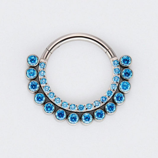 Aqua Double CZ Crystal Paved Face Hoop Earrings in Silver - Titanium