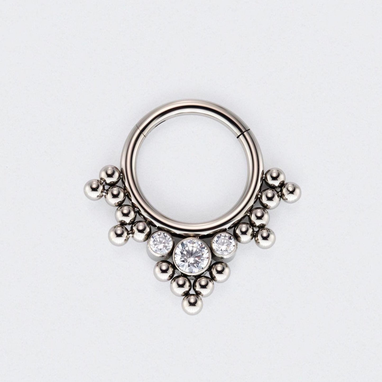 5 Tri-bead Cluster with 3 CZ Stones Hinged Segment Clicker Hoop Ring in Silver - Titanium