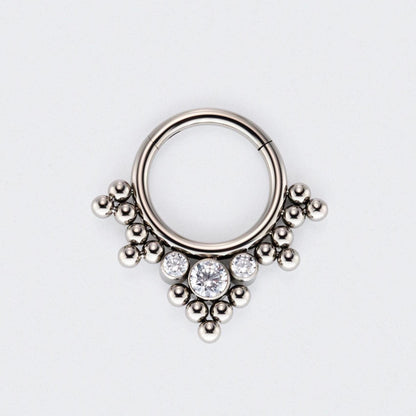 5 Tri-bead Cluster with 3 CZ Stones Hinged Segment Clicker Hoop Ring in Silver - Titanium