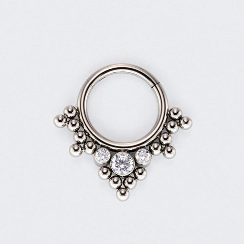 5 Tri-bead Cluster with 3 CZ Stones Hinged Segment Clicker Hoop Ring in Silver - Titanium
