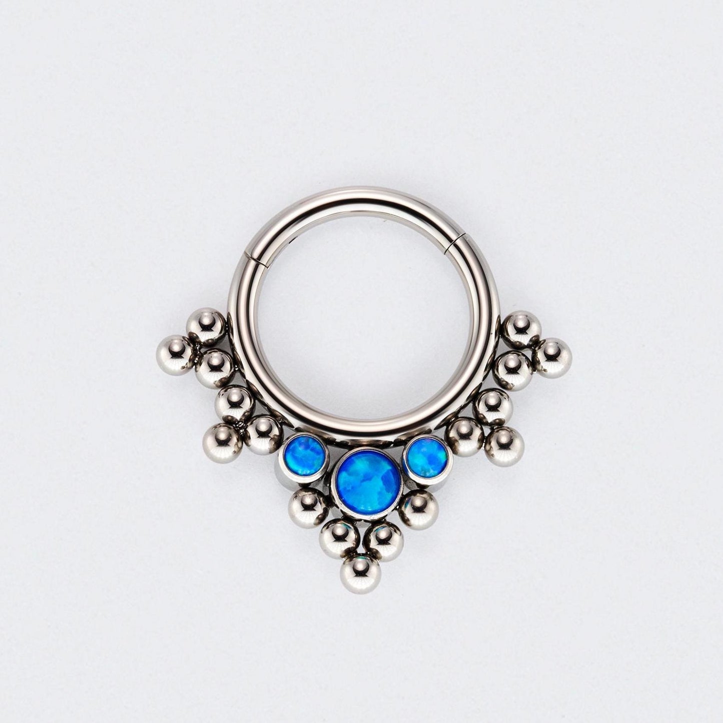 5 Tri-bead Cluster with 3 Blue Opal Hinged Segment Clicker Hoop Ring in Silver - Titanium