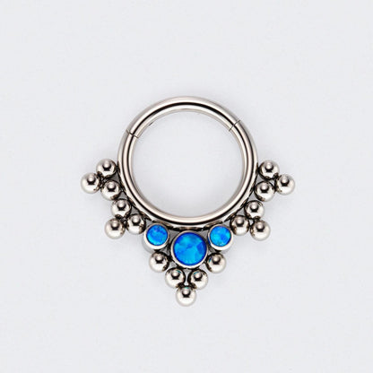 5 Tri-bead Cluster with 3 Blue Opal Hinged Segment Clicker Hoop Ring in Silver - Titanium