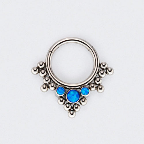 5 Tri-bead Cluster with 3 Blue Opal Hinged Segment Clicker Hoop Ring in Silver - Titanium
