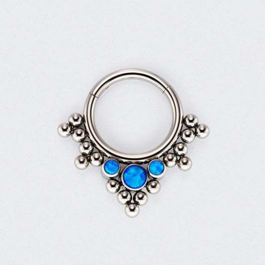 5 Tri-bead Cluster with 3 Blue Opal Hinged Segment Clicker Hoop Ring in Silver - Titanium