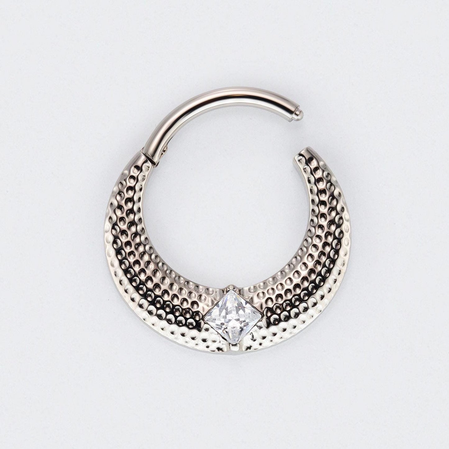 Large Bumped Cut with CZ Centre Hinged Segment Hoop Clicker Ring in Silver - Titanium